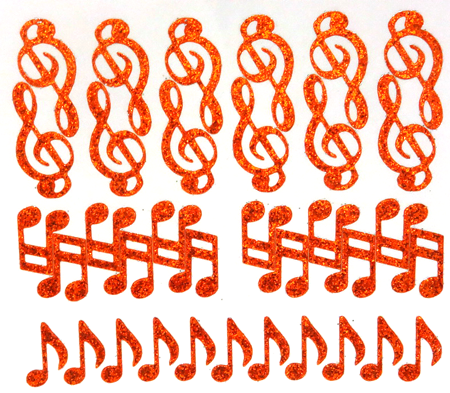 Music Notes Glitter Sticker Sheet - Orange - 36 per sheet