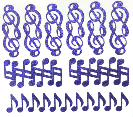 Music Notes Glitter Sticker Sheet - Purple - 36 per sheet