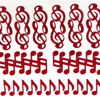 Music Notes Glitter Sticker Sheet - Red - 36 per sheet