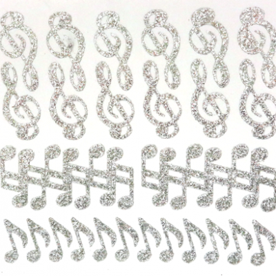 Music Notes Glitter Sticker Sheet - Silver - 36 per sheet